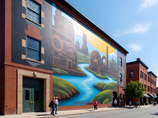 Colorful street mural depicting Fall River's industrial history on brick wall