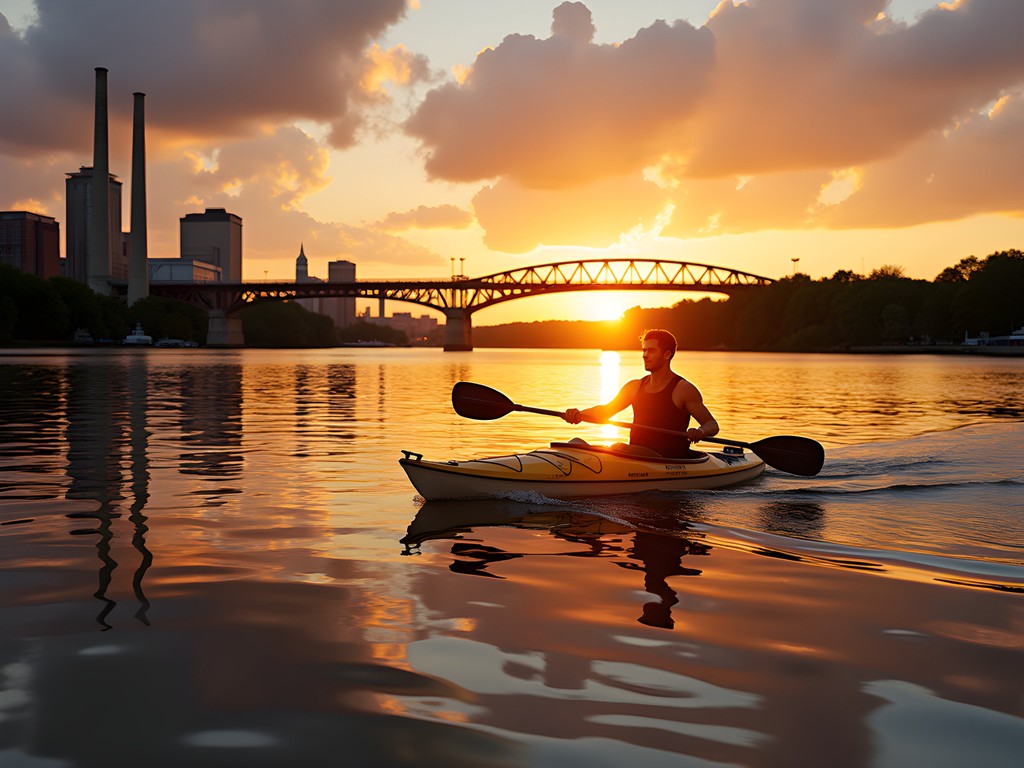Solo kayaker on Taunton River at sunset with Fall River skyline