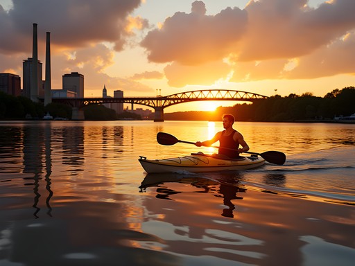 Solo kayaker on Taunton River at sunset with Fall River skyline