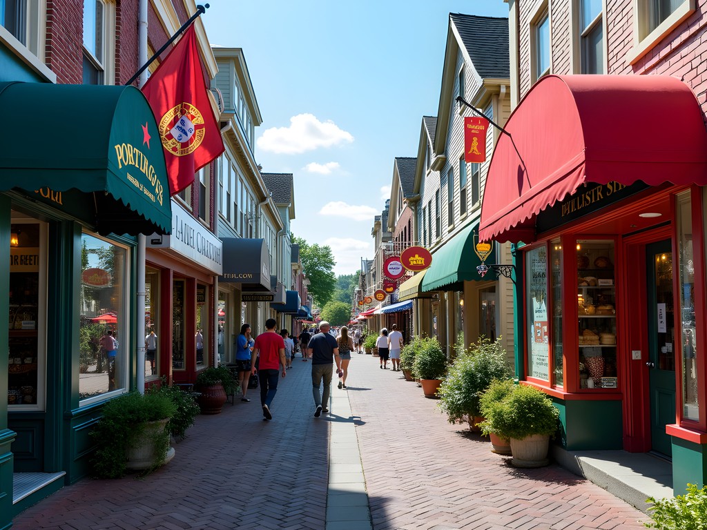 Colorful storefronts and Portuguese flags on Columbia Street in Fall River