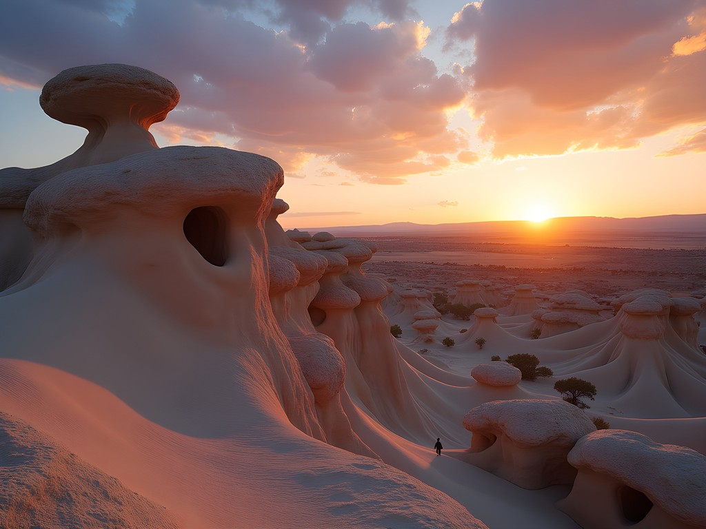 Solo female hiker exploring the surreal landscape of Bisti Badlands at sunset