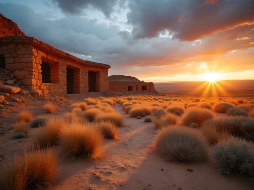 Ancient Puebloan ruins at Chaco Culture National Historical Park at sunrise