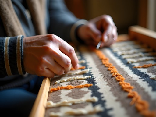 Navajo weaver working on traditional vertical loom creating geometric patterns
