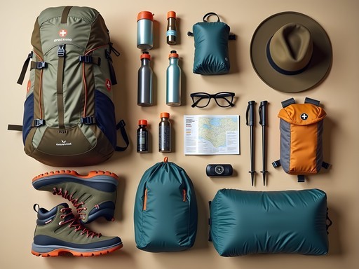 Essential trekking gear laid out for Fish River Canyon hike
