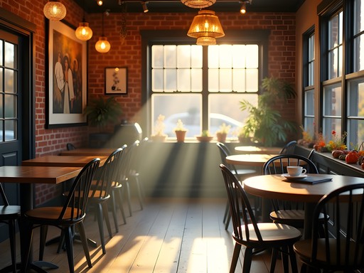 Cozy coffee shop in Florence with fall decor and morning light