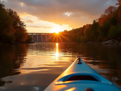 Kayaking on Tennessee River with Wilson Dam in background during golden hour