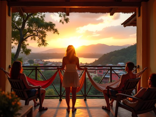View from a hostel balcony overlooking Lake Petén Itzá in Flores, Guatemala