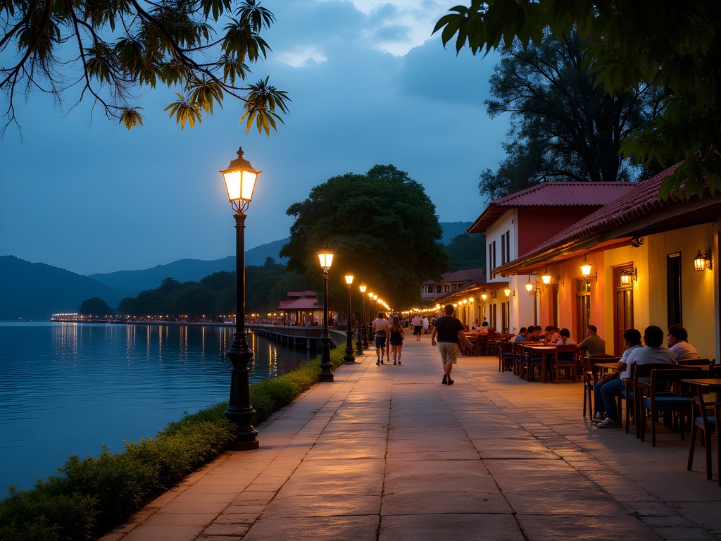 Evening scene of the lakeside promenade in Flores, Guatemala with locals and travelers