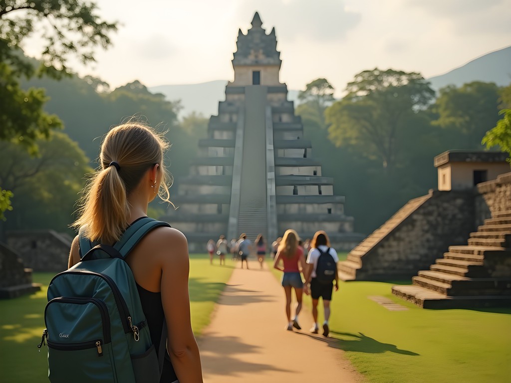 Female solo traveler exploring Tikal ruins near Flores, Guatemala