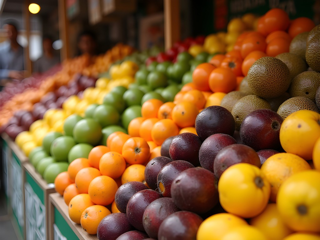 Colorful display of exotic tropical fruits at Mercado dos Lavradores in Funchal
