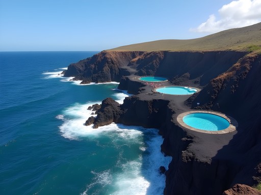 Natural volcanic swimming pools along Funchal's coastline with Atlantic waves crashing nearby