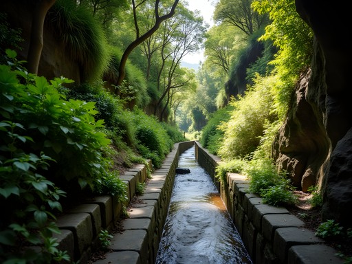 Scenic levada walking path near Funchal with lush vegetation and water channel
