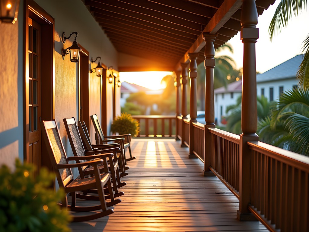Traditional Caymanian guesthouse veranda with wooden railings and tropical plants