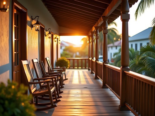Traditional Caymanian guesthouse veranda with wooden railings and tropical plants