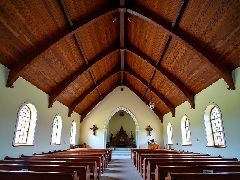 Wooden vaulted ceiling of Elmslie Memorial Church resembling an upturned ship's hull