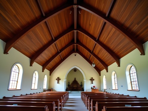 Wooden vaulted ceiling of Elmslie Memorial Church resembling an upturned ship's hull