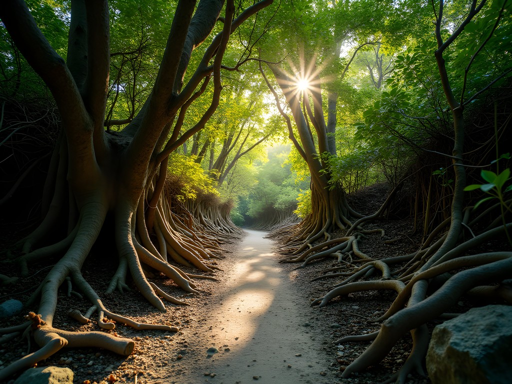 Sunlight filtering through mangroves on the Mastic Trail in Grand Cayman