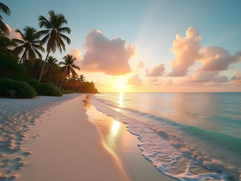 Empty stretch of Seven Mile Beach at sunrise with golden light on white sand