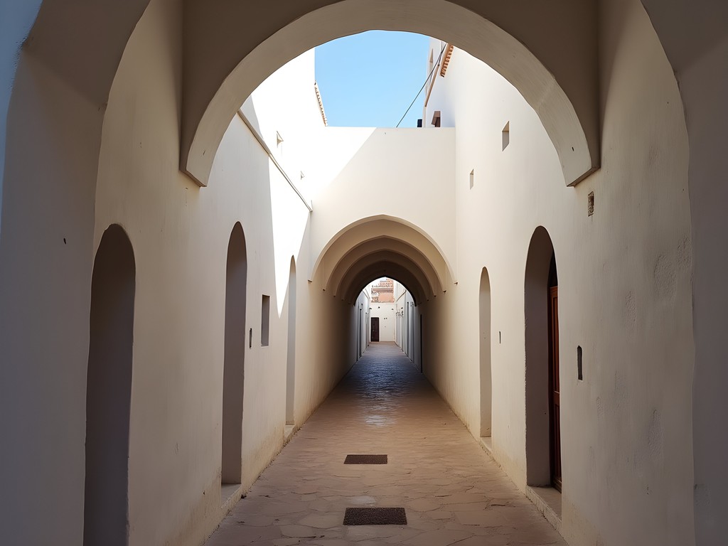 Narrow covered alleyways of Ghadames old town with distinctive architecture and light filtering through