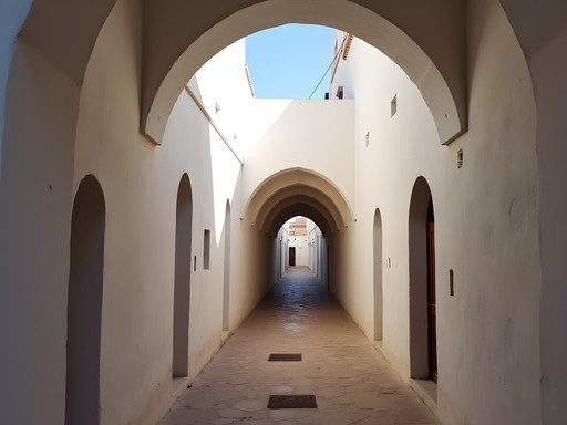 Narrow covered alleyways of Ghadames old town with distinctive architecture and light filtering through