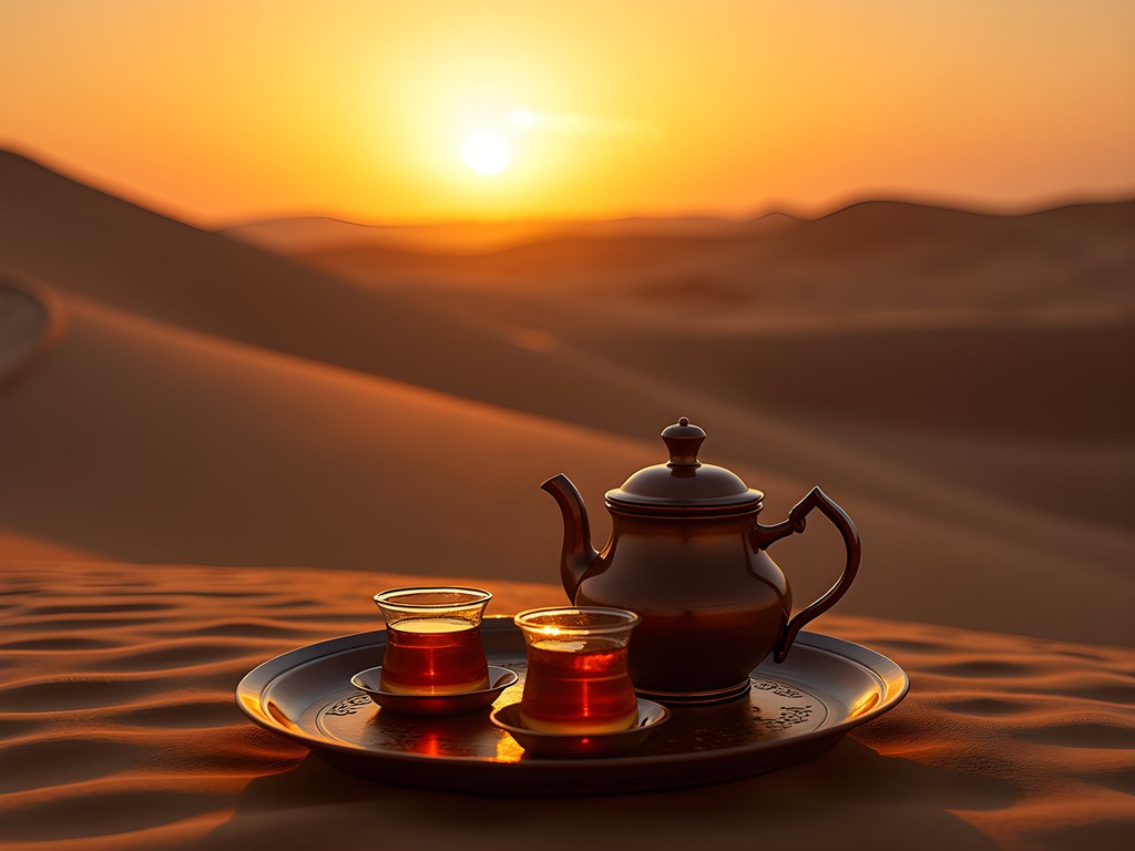 Dramatic sunset over sand dunes near Ghadames with traditional tea ceremony in foreground