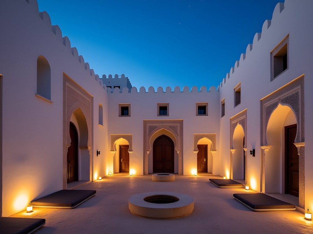 Traditional guesthouse courtyard in Ghadames with distinctive architecture and evening gathering