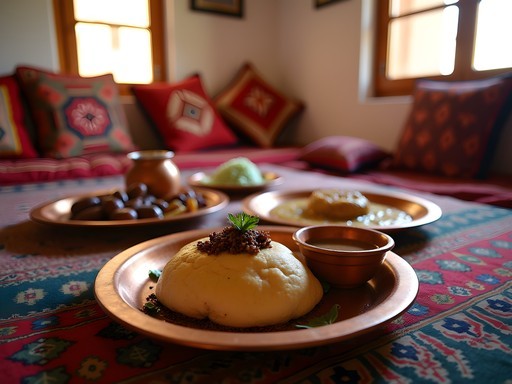 Traditional Libyan meal being shared in a Ghadames home with ornate carpets and cushions