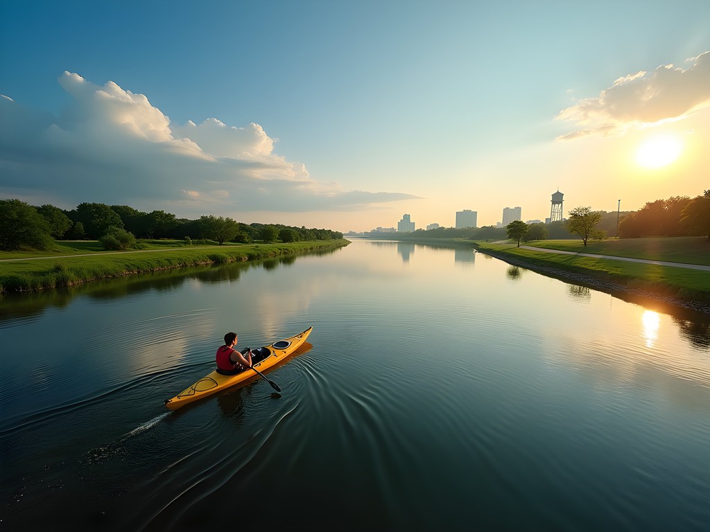 Kayaking on the Red River in Grand Forks with the city skyline in background
