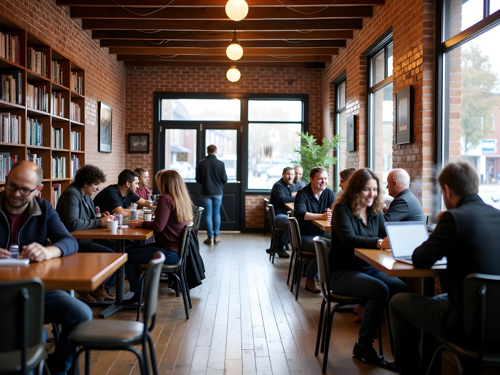 Interior of Urban Stampede Coffee House with diverse students studying