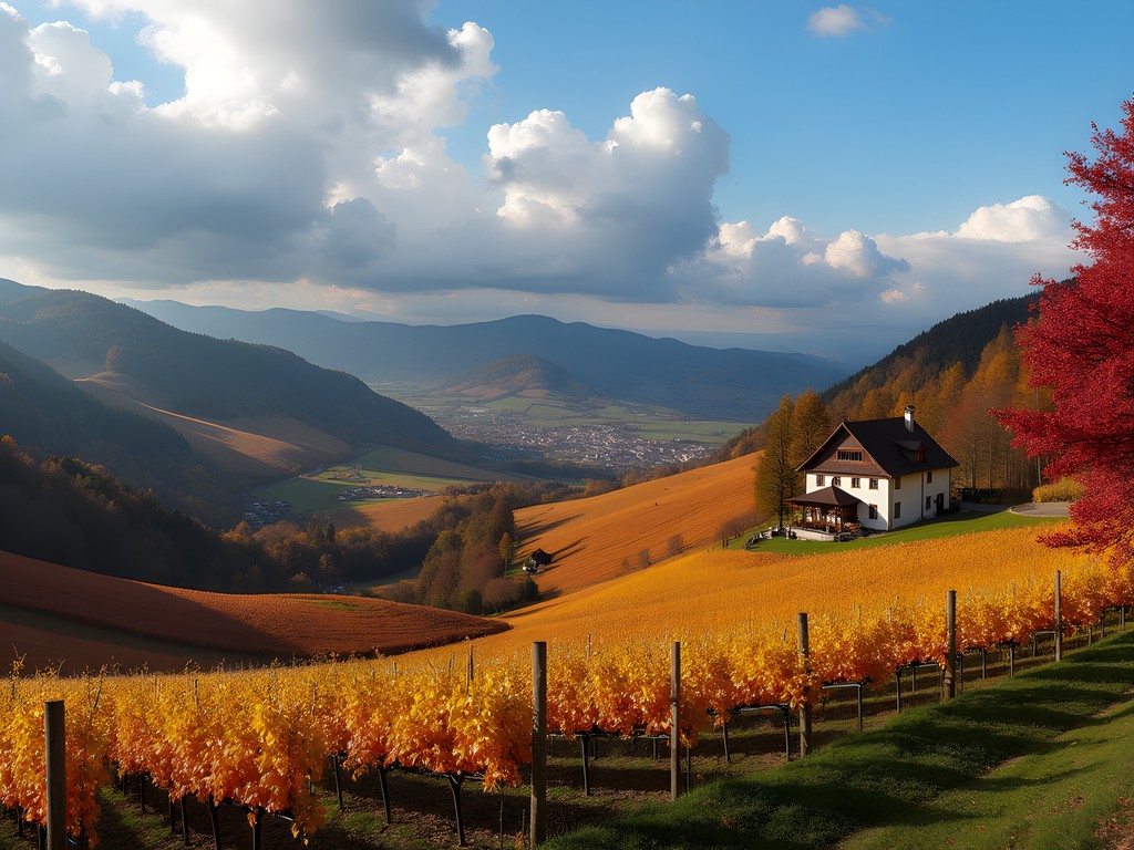 Rolling vineyards of South Styrian Wine Road with autumn colors and small wine tavern