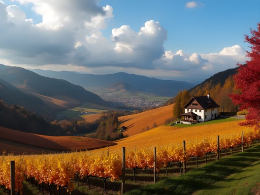 Rolling vineyards of South Styrian Wine Road with autumn colors and small wine tavern
