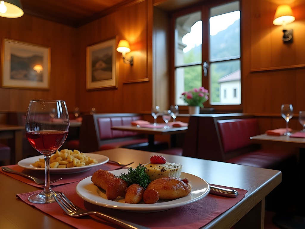 Traditional Styrian gasthaus interior with wooden tables and local specialties