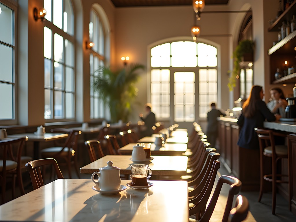 Interior of traditional Austrian café in Graz with marble tables, newspapers and coffee