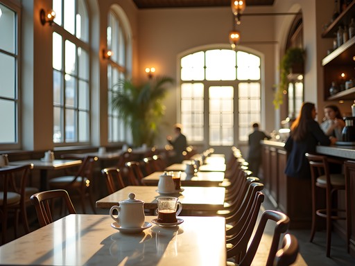Interior of traditional Austrian café in Graz with marble tables, newspapers and coffee