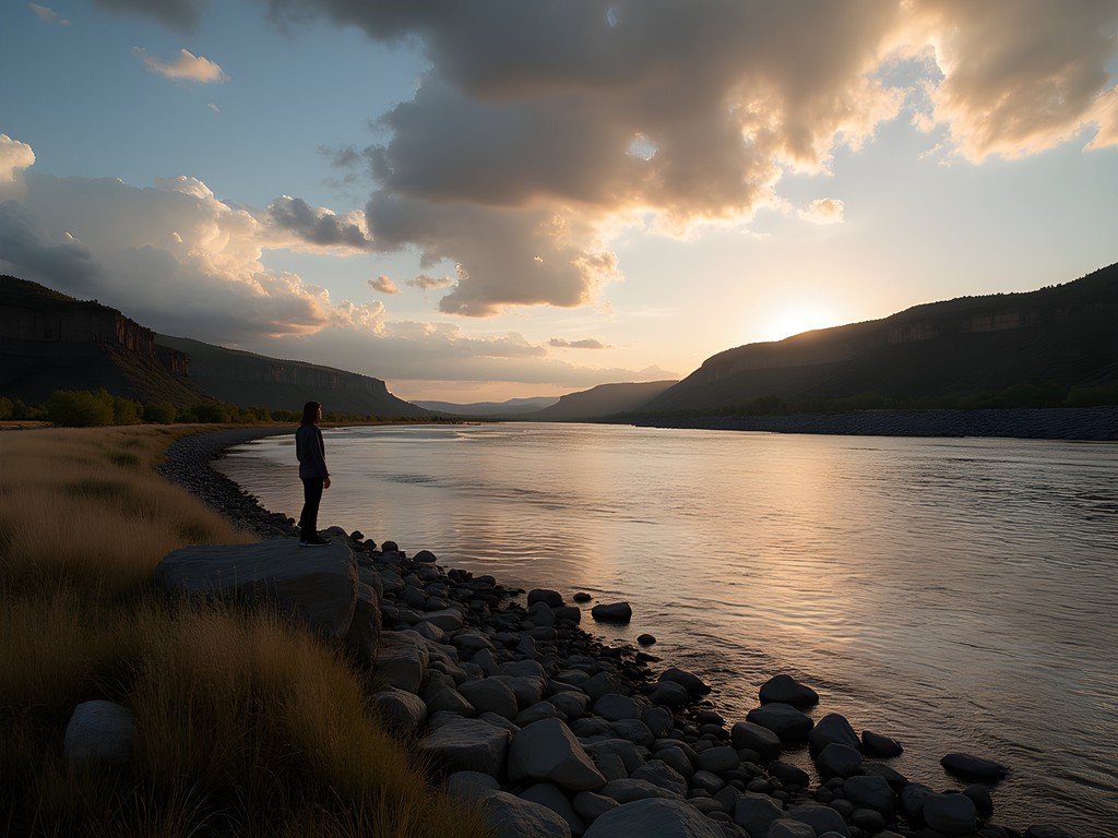 Solo traveler standing beside Missouri River at Great Falls Montana during golden hour