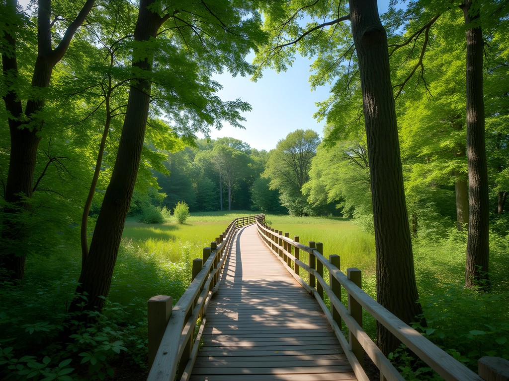 Wooded trail at Bay Beach Wildlife Sanctuary in summer