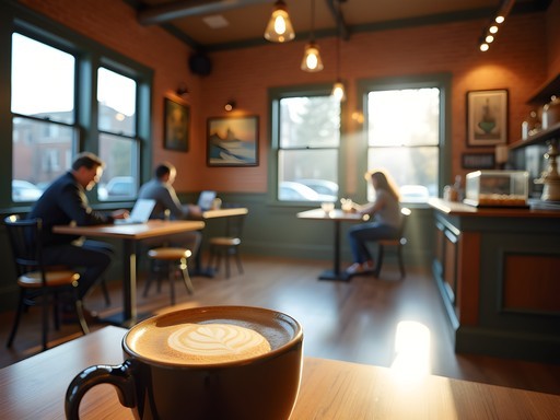 Cozy cafe interior in downtown Gresham with morning light streaming through windows