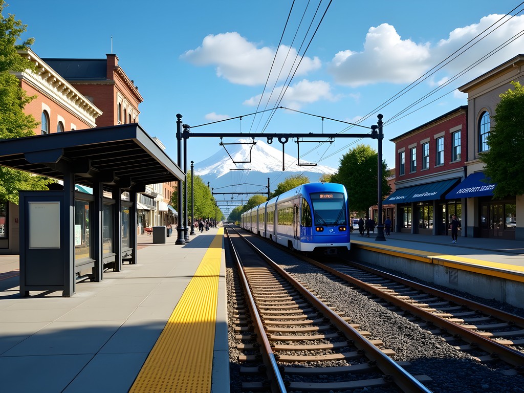 MAX Blue Line station in downtown Gresham with Mt. Hood visible in the background