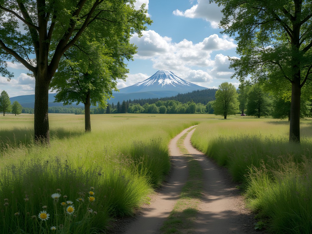 Sunlit trail through meadows and cottonwood trees at Sandy River Delta near Gresham