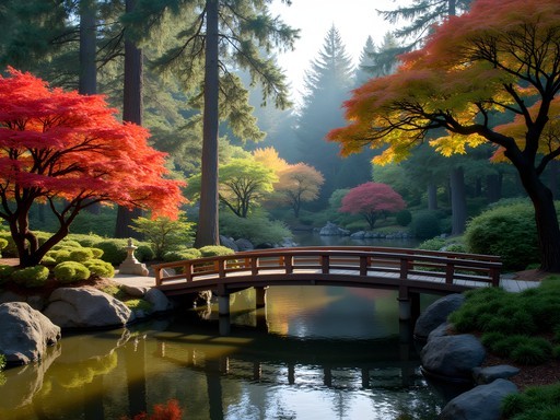 Wooden bridge over koi pond at Tsuru Island Japanese Garden in Gresham