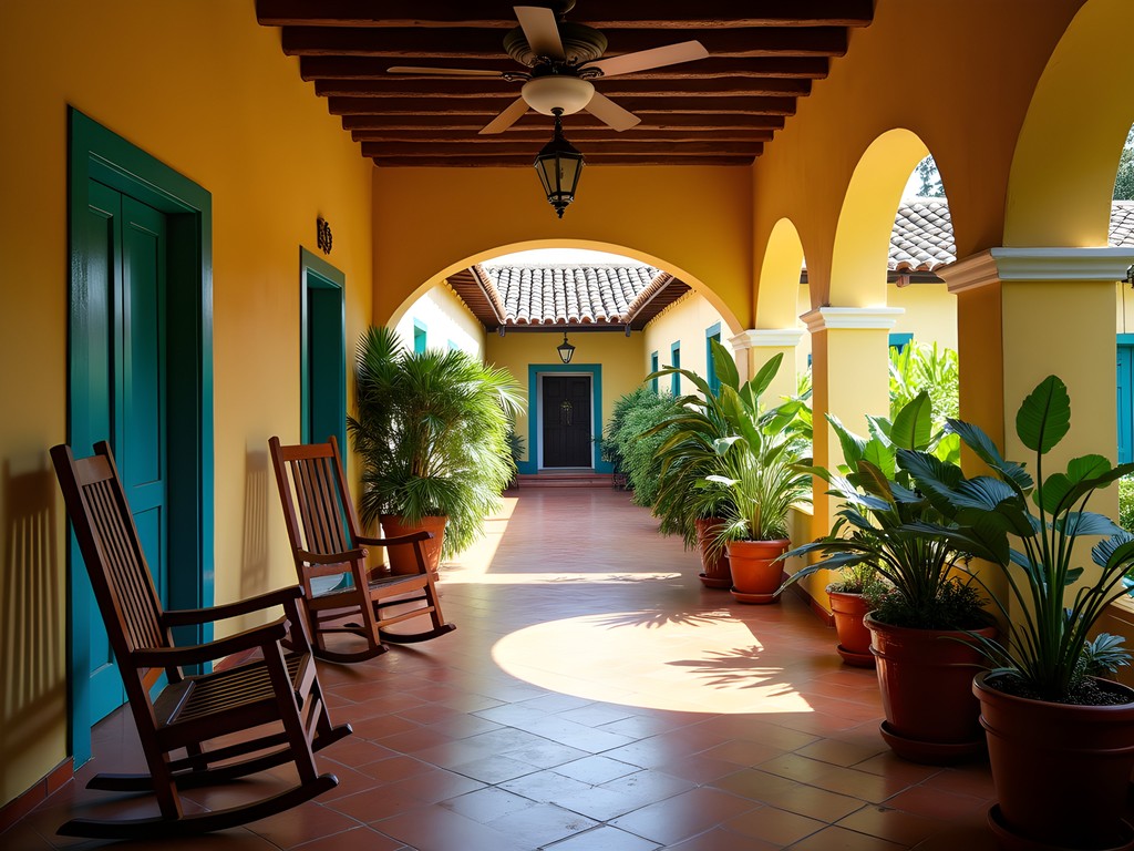 Traditional casa particular in Guantánamo with interior courtyard featuring tropical plants and rocking chairs