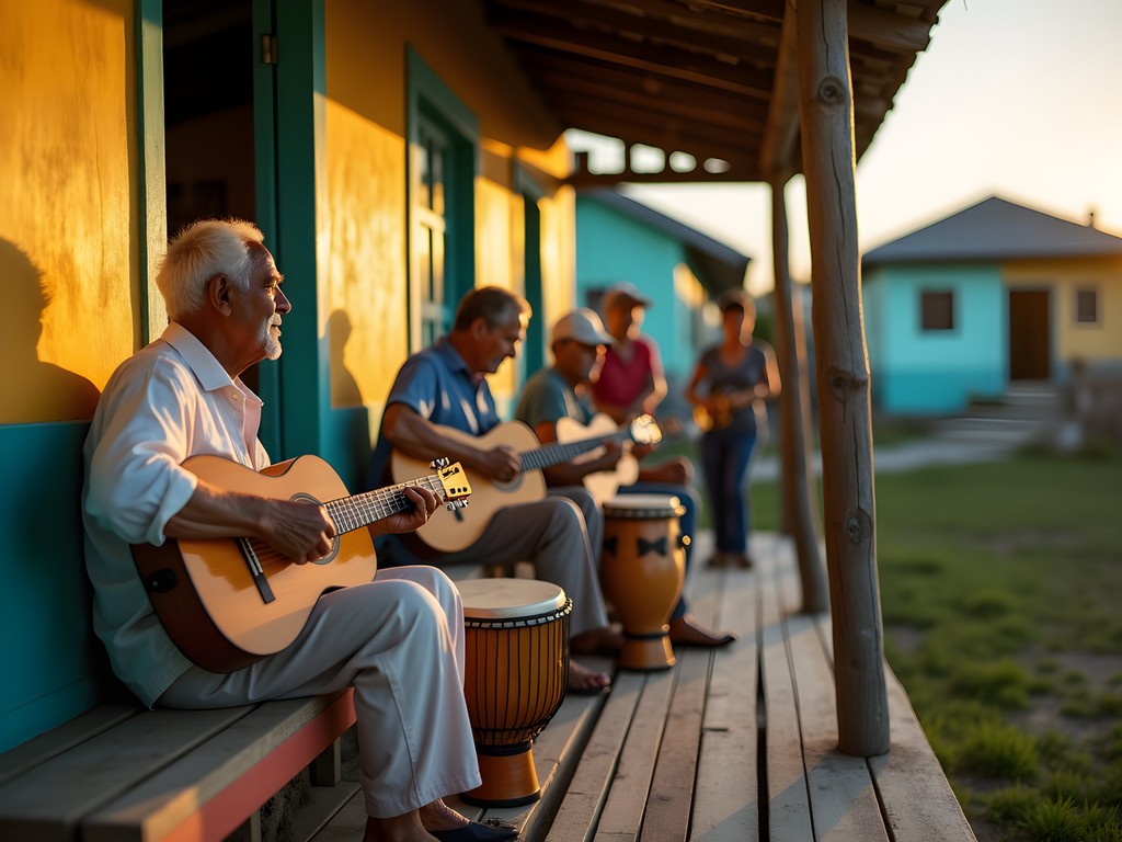 Local musicians performing traditional changüí music on the porch of a colorful Guantánamo home at sunset