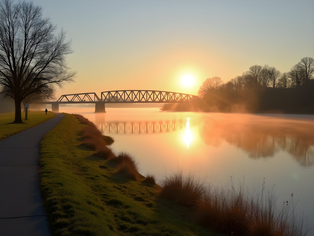Sunrise over City Island in Harrisburg with morning mist on the Susquehanna River