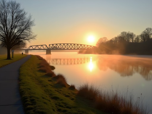 Sunrise over City Island in Harrisburg with morning mist on the Susquehanna River