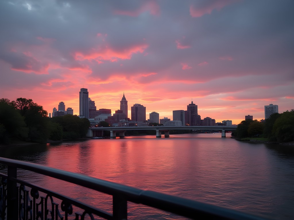 Sunset view of Harrisburg skyline from Pride of the Susquehanna Riverboat