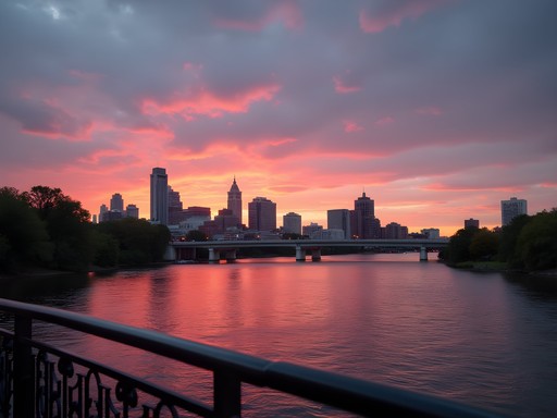 Sunset view of Harrisburg skyline from Pride of the Susquehanna Riverboat