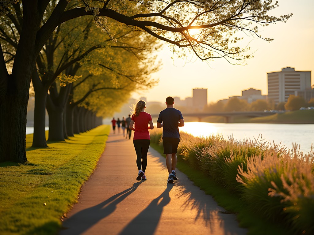 Woman walking along Harrisburg's Riverfront Park trail in morning light