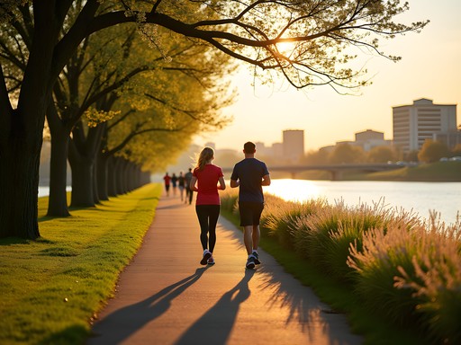Woman walking along Harrisburg's Riverfront Park trail in morning light