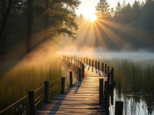 Wooden boardwalk through Jackson Bottom Wetlands Preserve with morning mist and wildlife