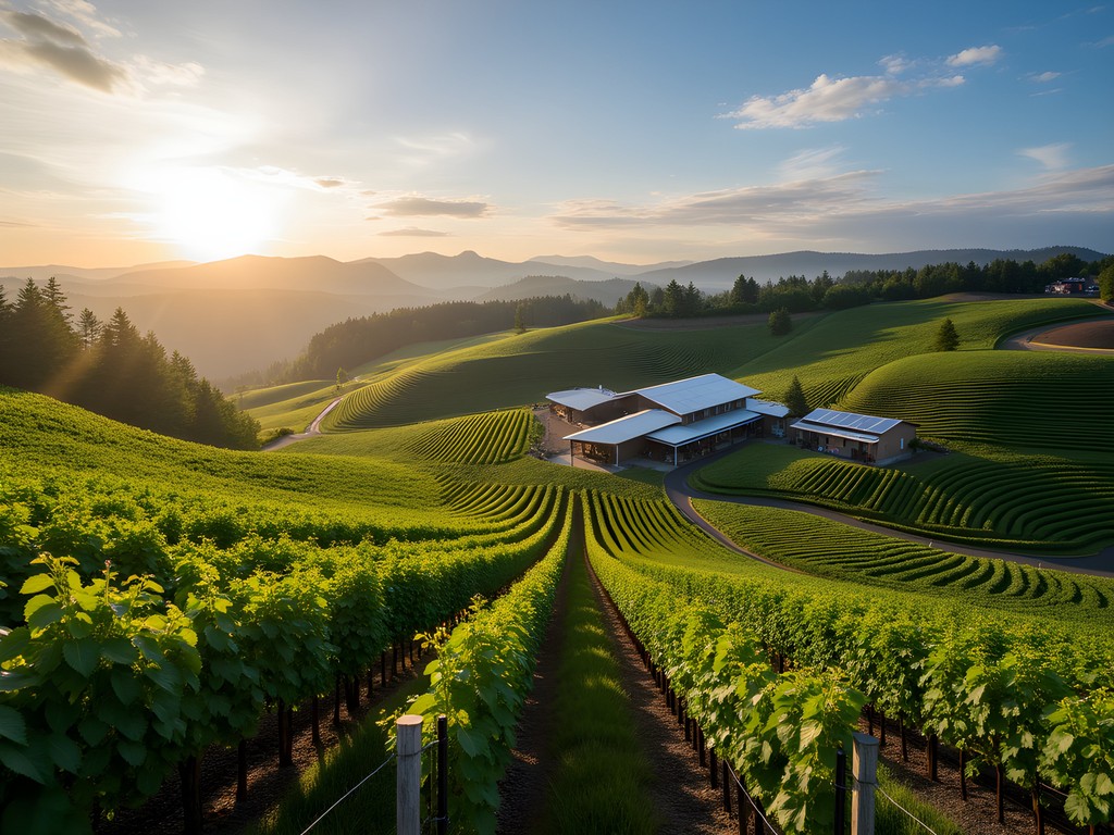 Sustainable vineyard in Willamette Valley with solar panels and green practices